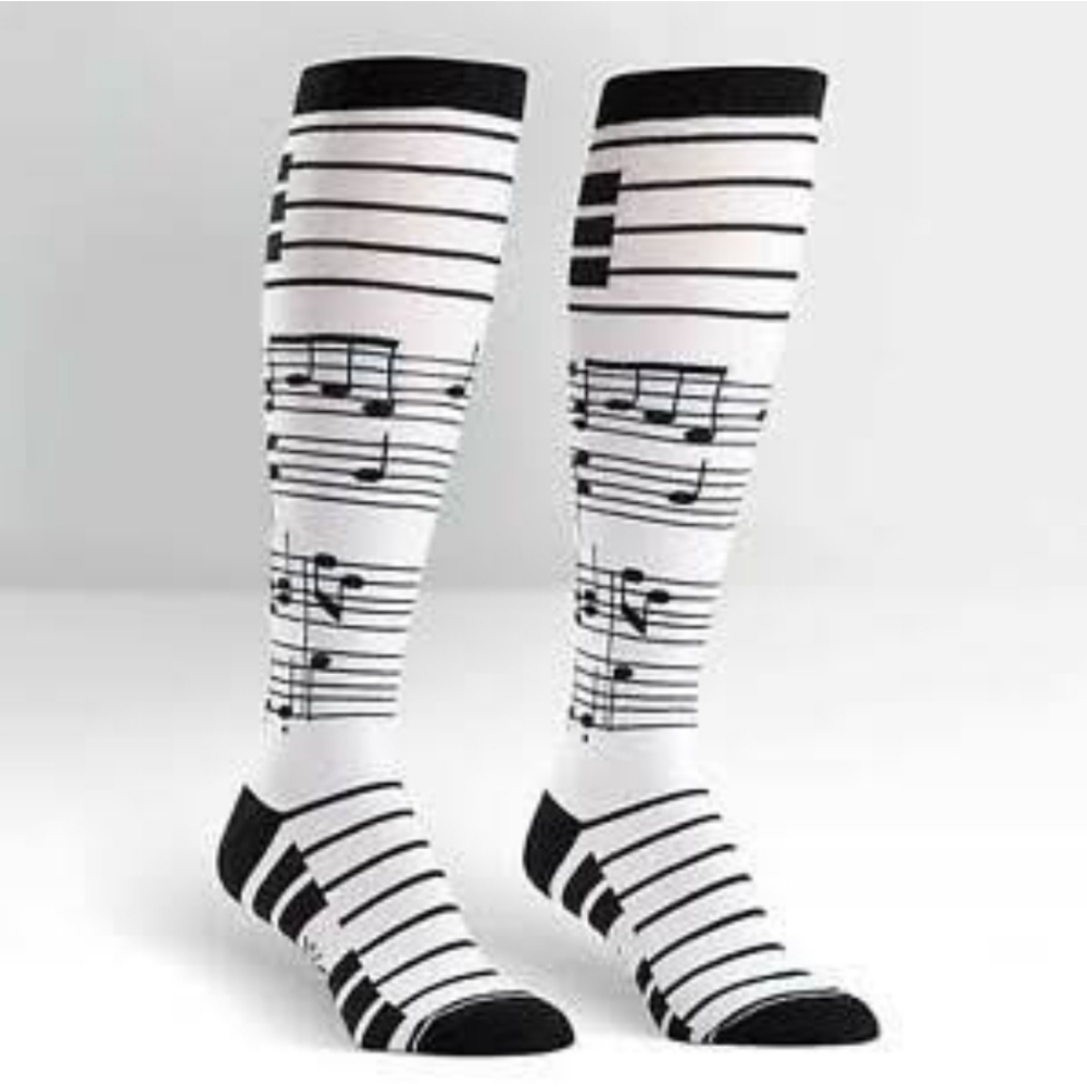 Compression Socks. Fits Size L. Black and White Musical Notes. 0040